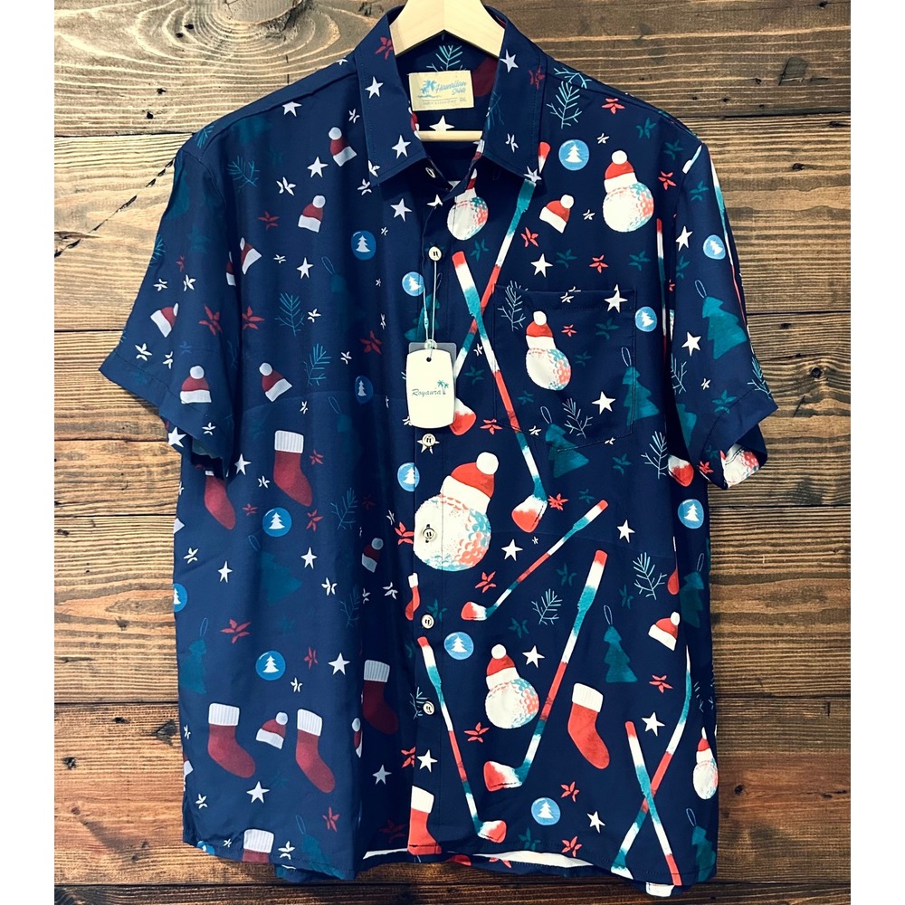 Christmas Golf Shirt Men's 2XL Blue Holiday Hawaiian Button Down Festive Royaura